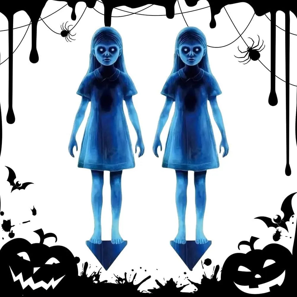Two ghost-girl stakes on a Halloween graphic background