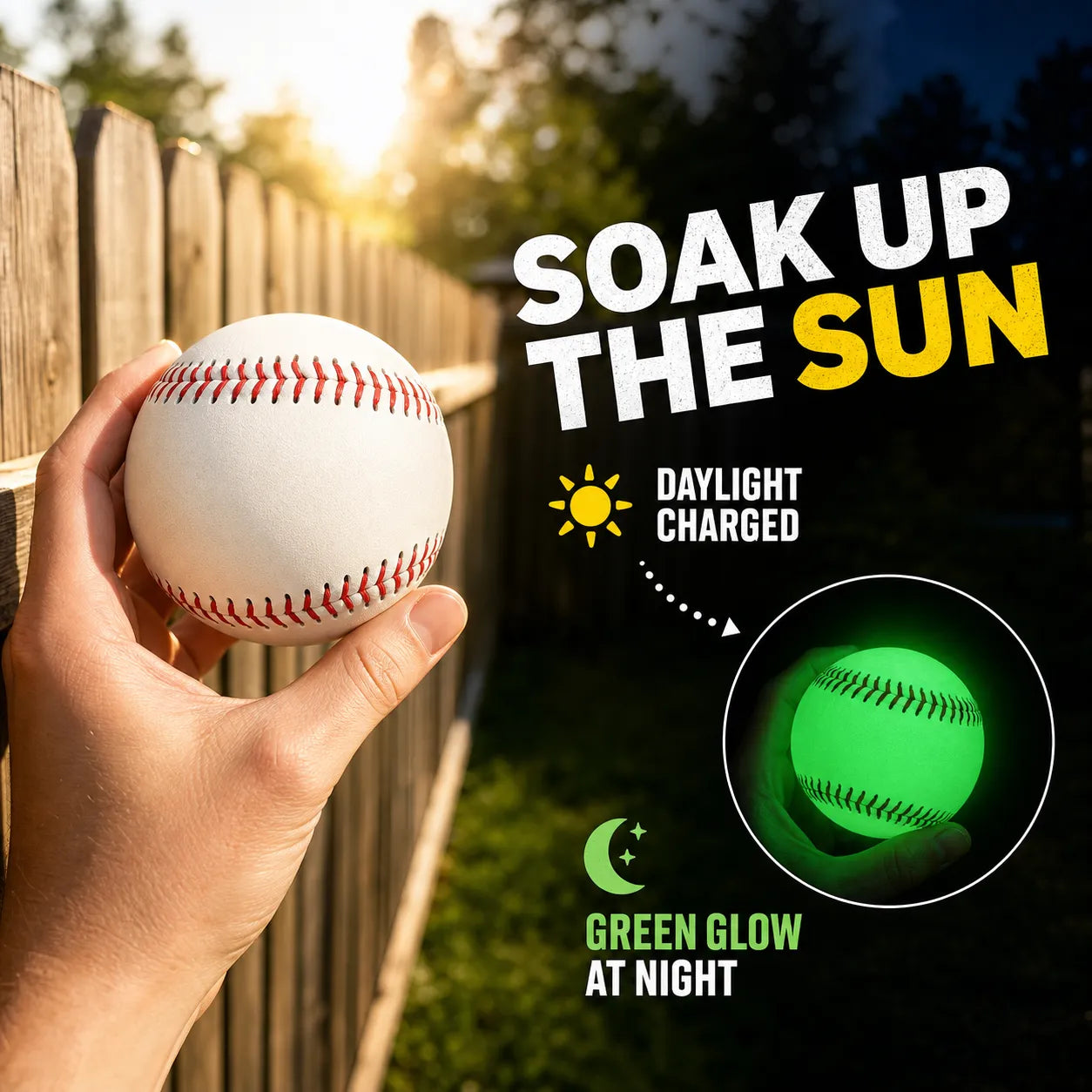 Baseball charging in daylight and glowing at night