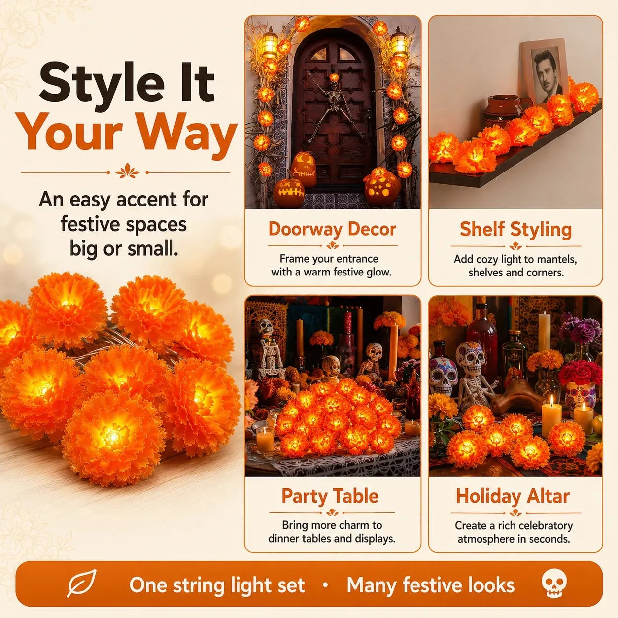Marigold flower lights styled on a doorway, shelf, party table, and remembrance display