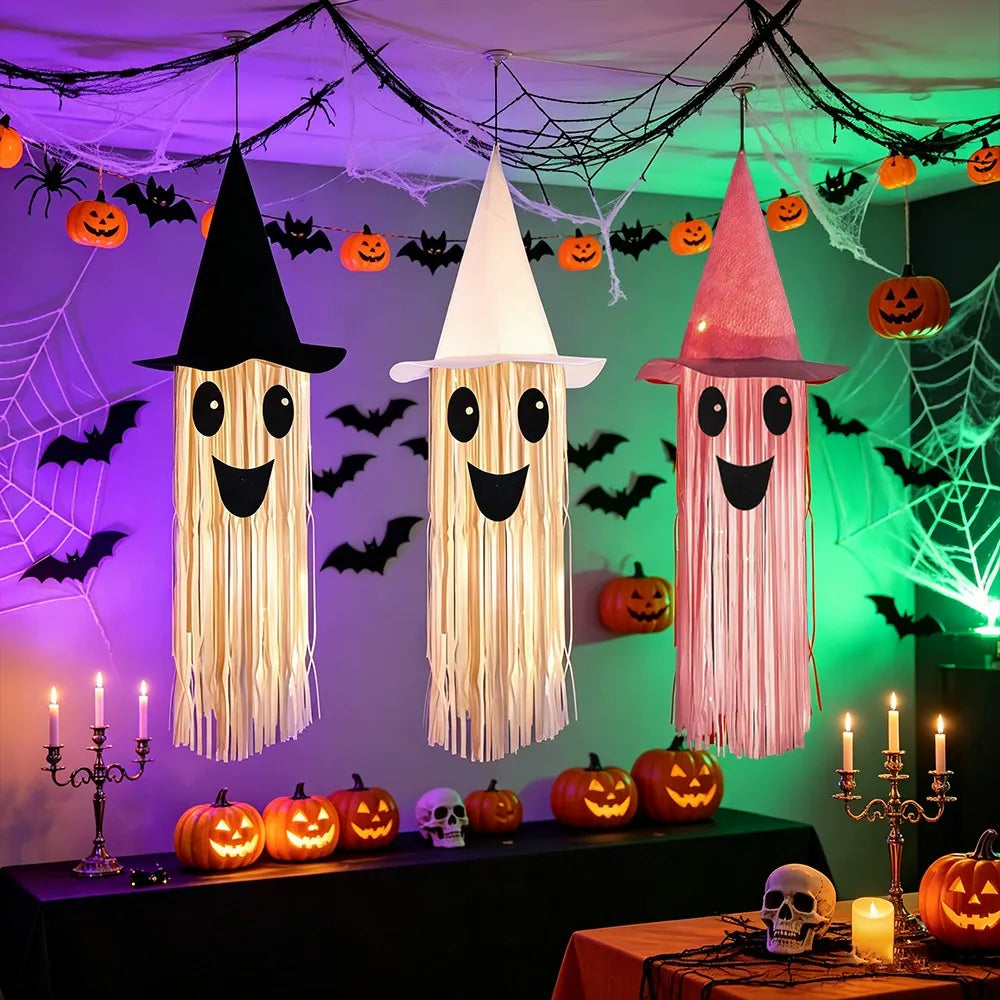 Three color options displayed in an indoor Halloween party setting
