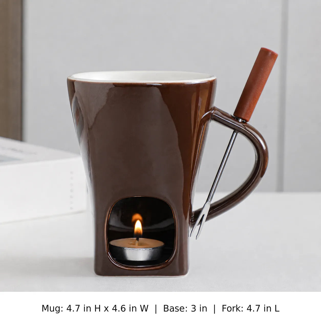 Coffee Brown chocolate fondue mug set with dimensions