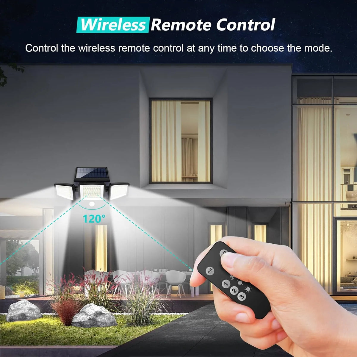 Using the included remote to control the three-head outdoor light