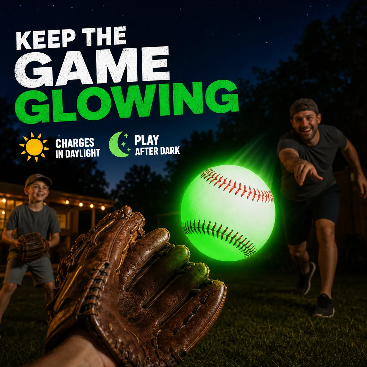 Glow-in-the-dark baseball during an evening backyard catch