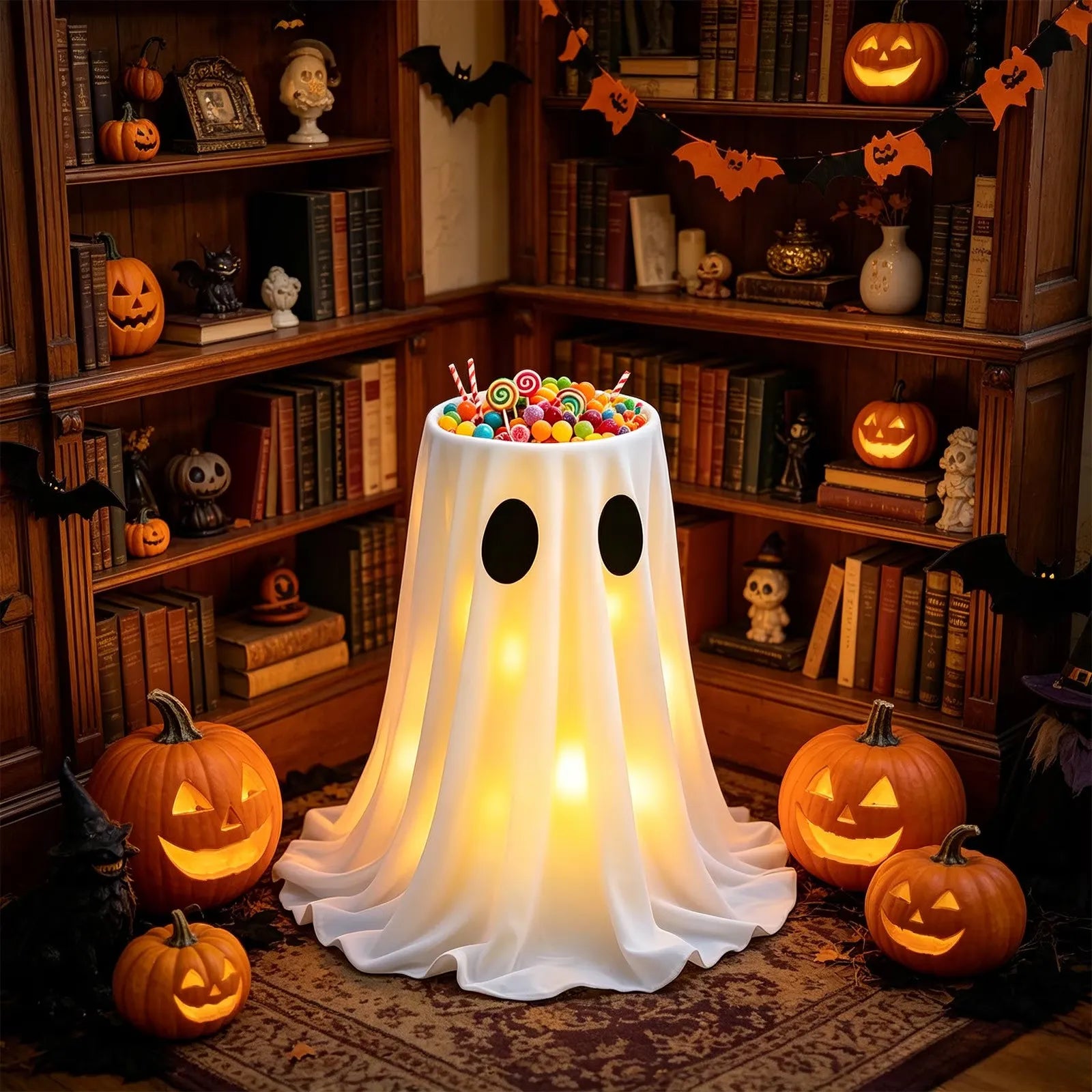 Glowing ghost candy bowl in an indoor Halloween display