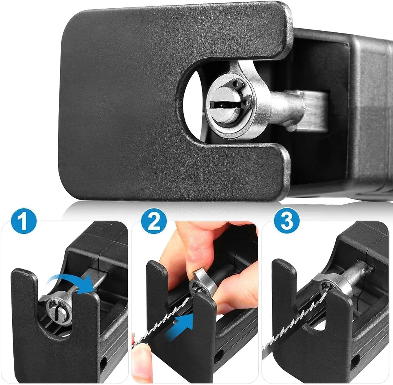 Three-step blade installation sequence for the drill jigsaw conversion adapter