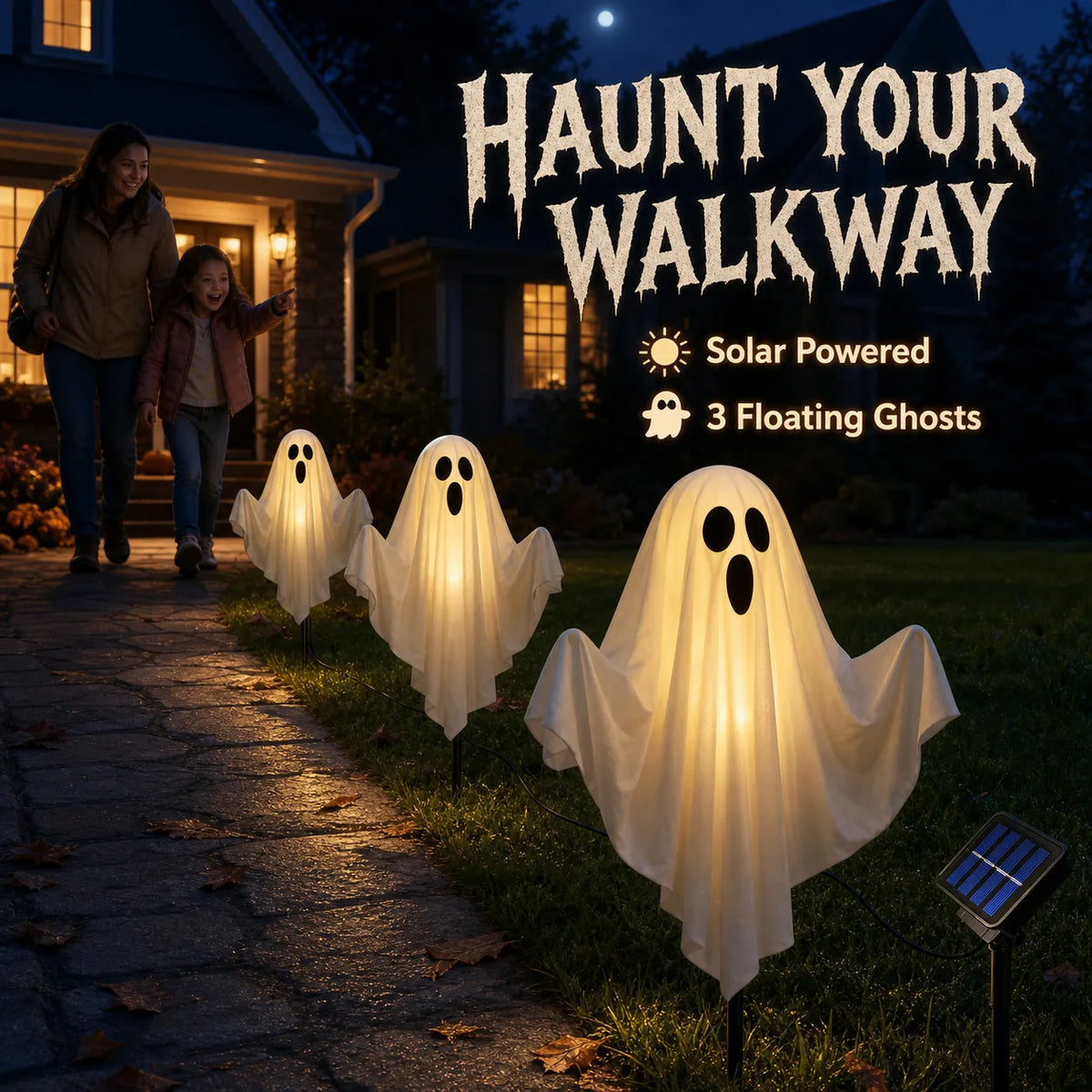 Three solar ghost lights creating a haunted front walkway
