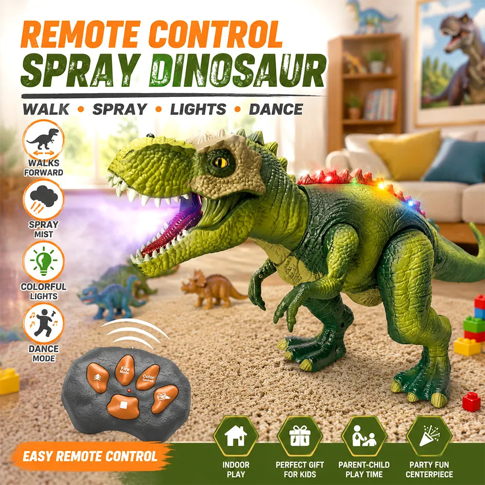 🦖 Remote Control T-Rex Dinosaur Toy – Walking Robot with Lights, Mist & Roar