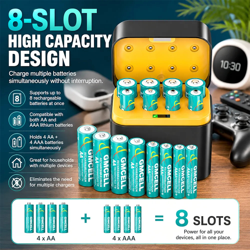 🔋 Portable Smart 8-Slot Rechargeable Battery Charger