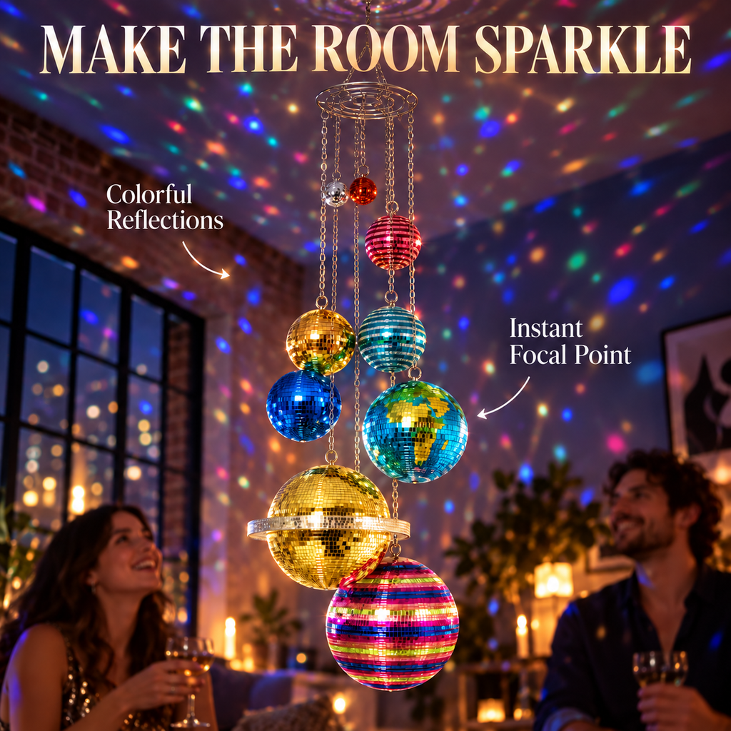 Rainbow disco planetarium mobile creating a colorful evening focal point