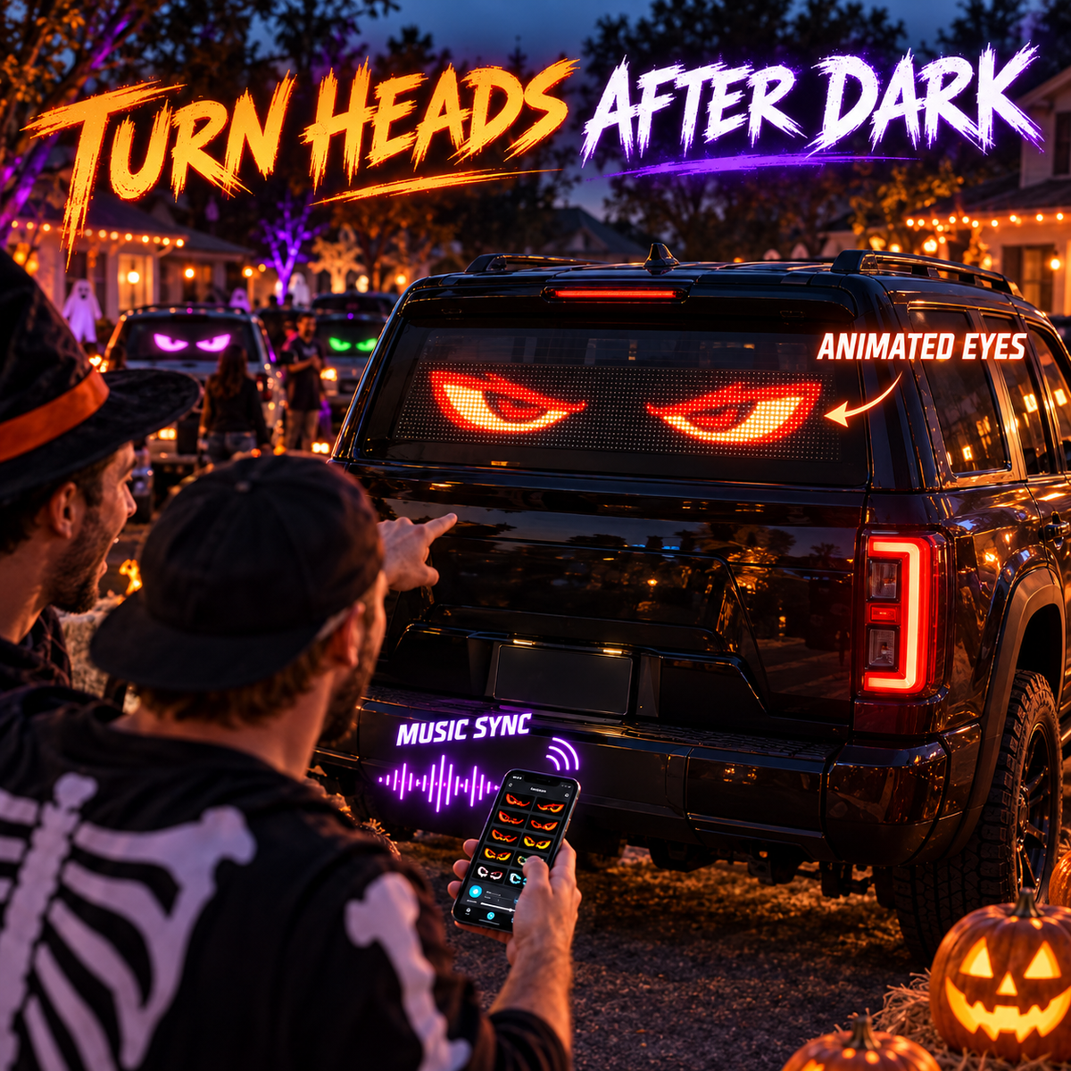 Animated LED car eyes at a Halloween vehicle meet