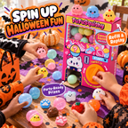 Children sharing squishy capsule surprises at a Halloween party
