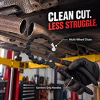Chain-style exhaust pipe cutter matching the supplied product beside a cleanly separated exhaust pipe