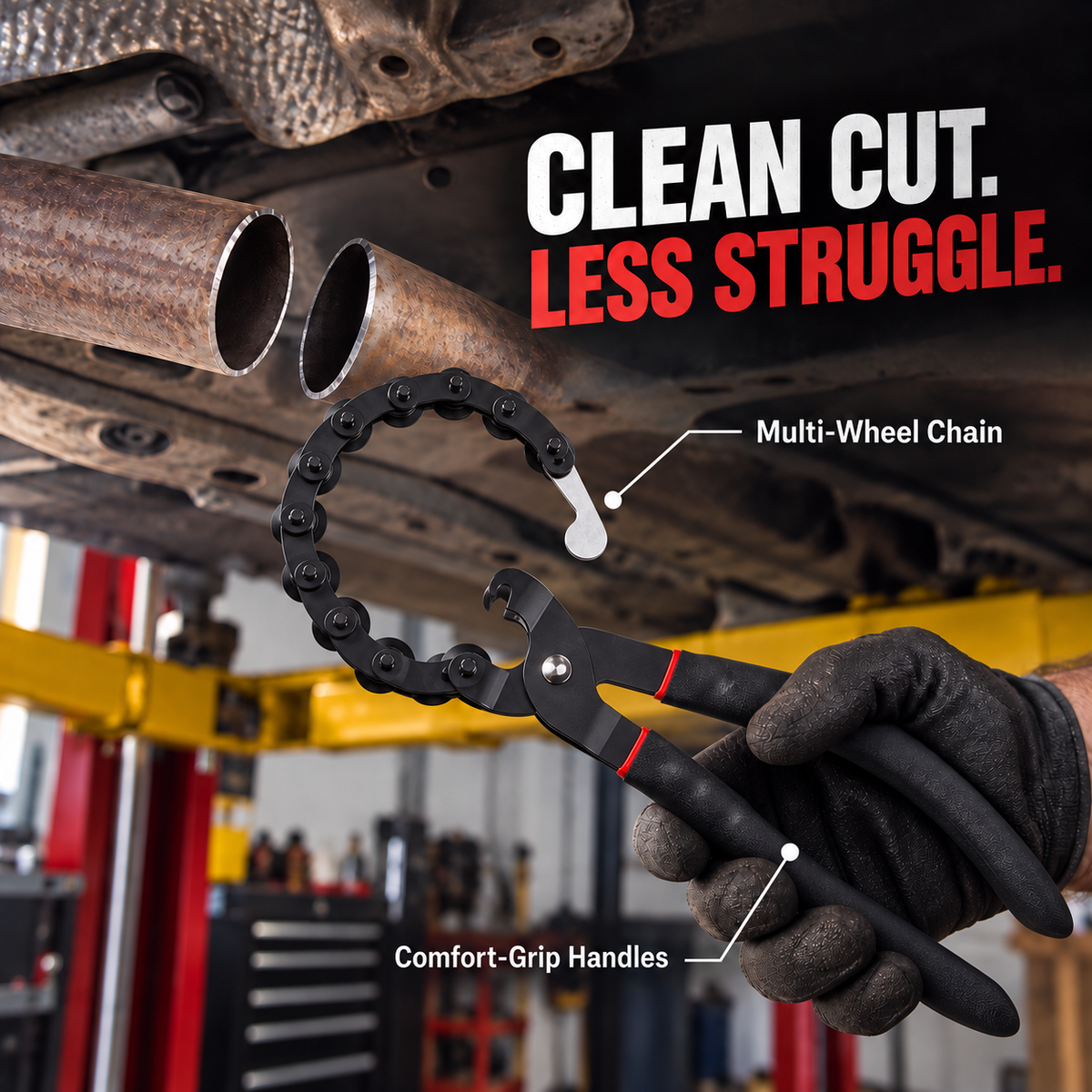 Chain-style exhaust pipe cutter matching the supplied product beside a cleanly separated exhaust pipe