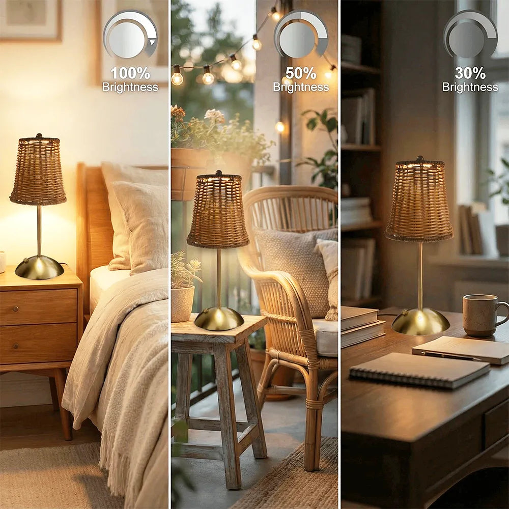 🌿Cordless Rattan Table Lamp – Rechargeable Boho LED Bedside Lamp