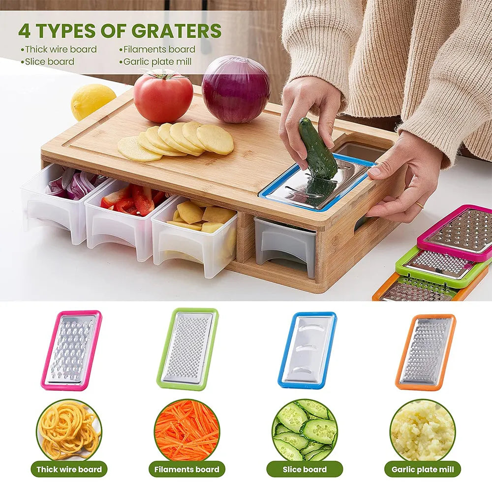 Bamboo Cutting Board Set with Containers & Graters