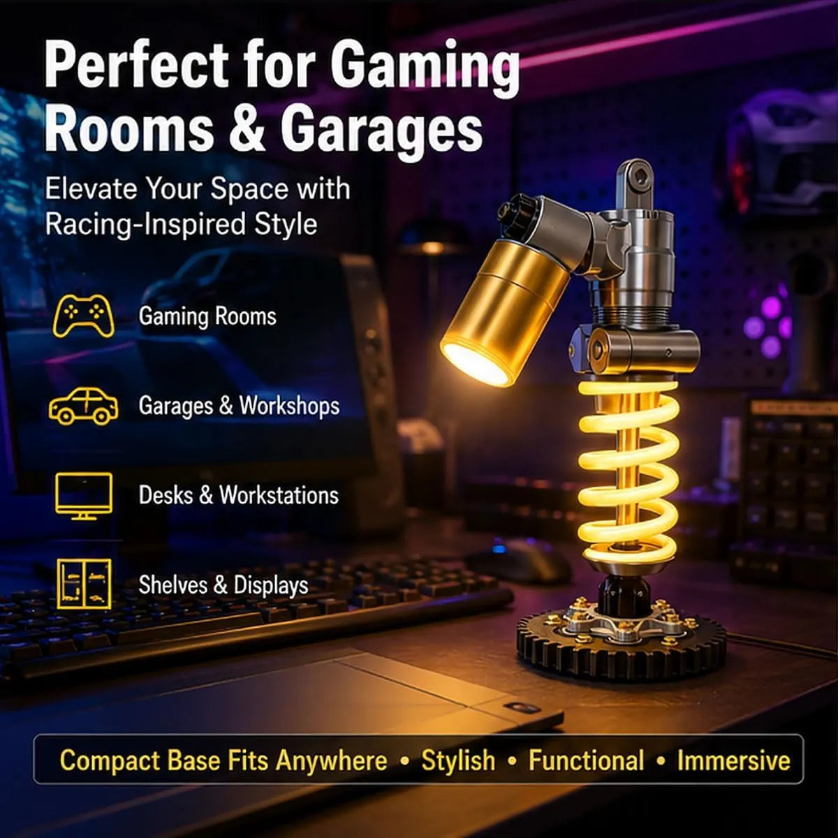 Shock absorber desk lamp in a gaming room and garage-style setup