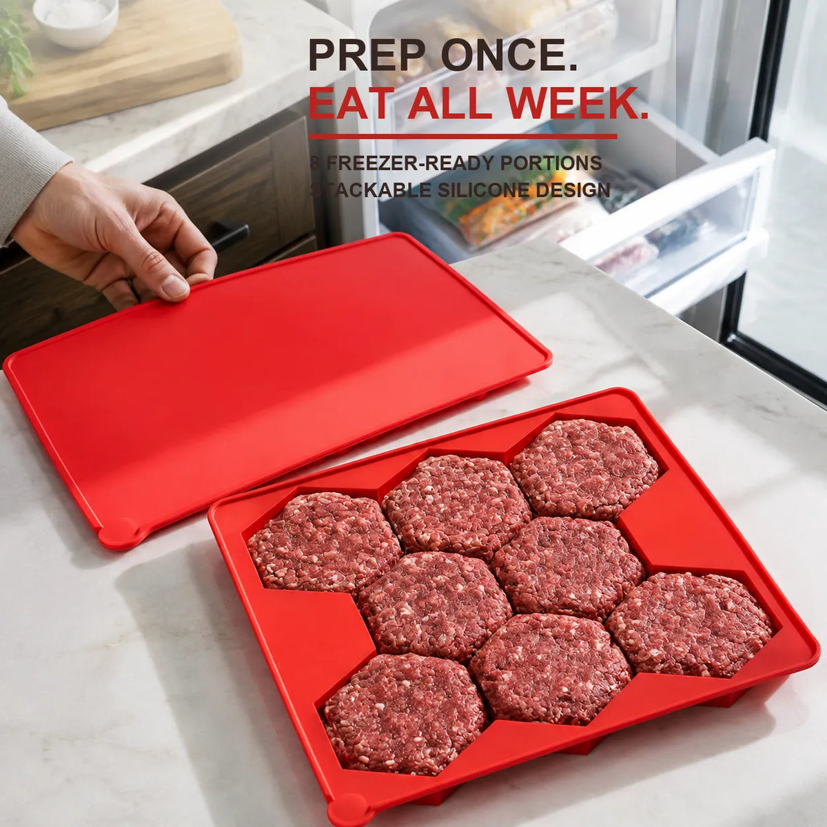 Silicone Hexagon Patty Freezer Mold with Lid – 7 or 8 Cavities
