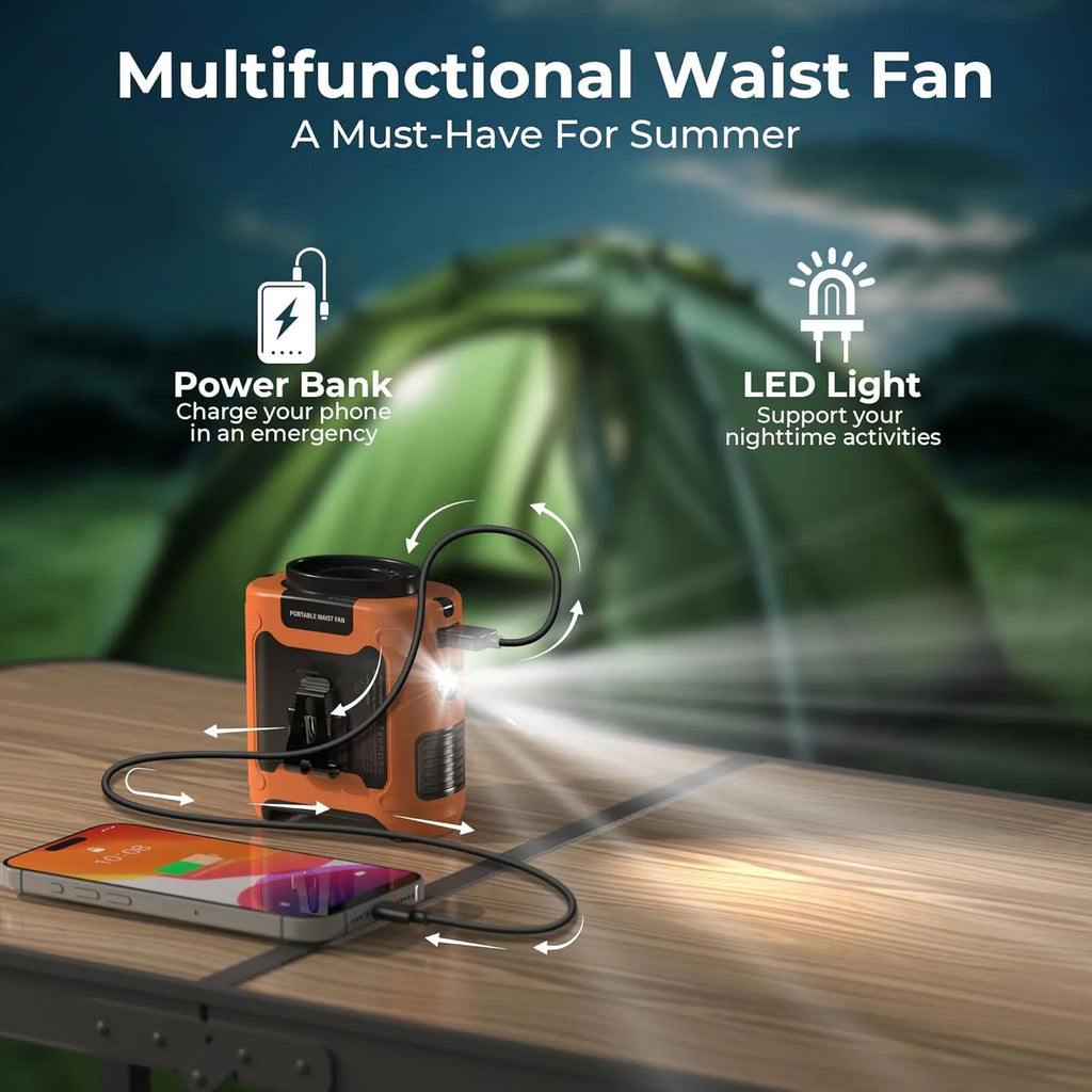 🔥 Stay Cool Anywhere – 5-in-1 Wearable Turbo Fan with Power Bank & LED