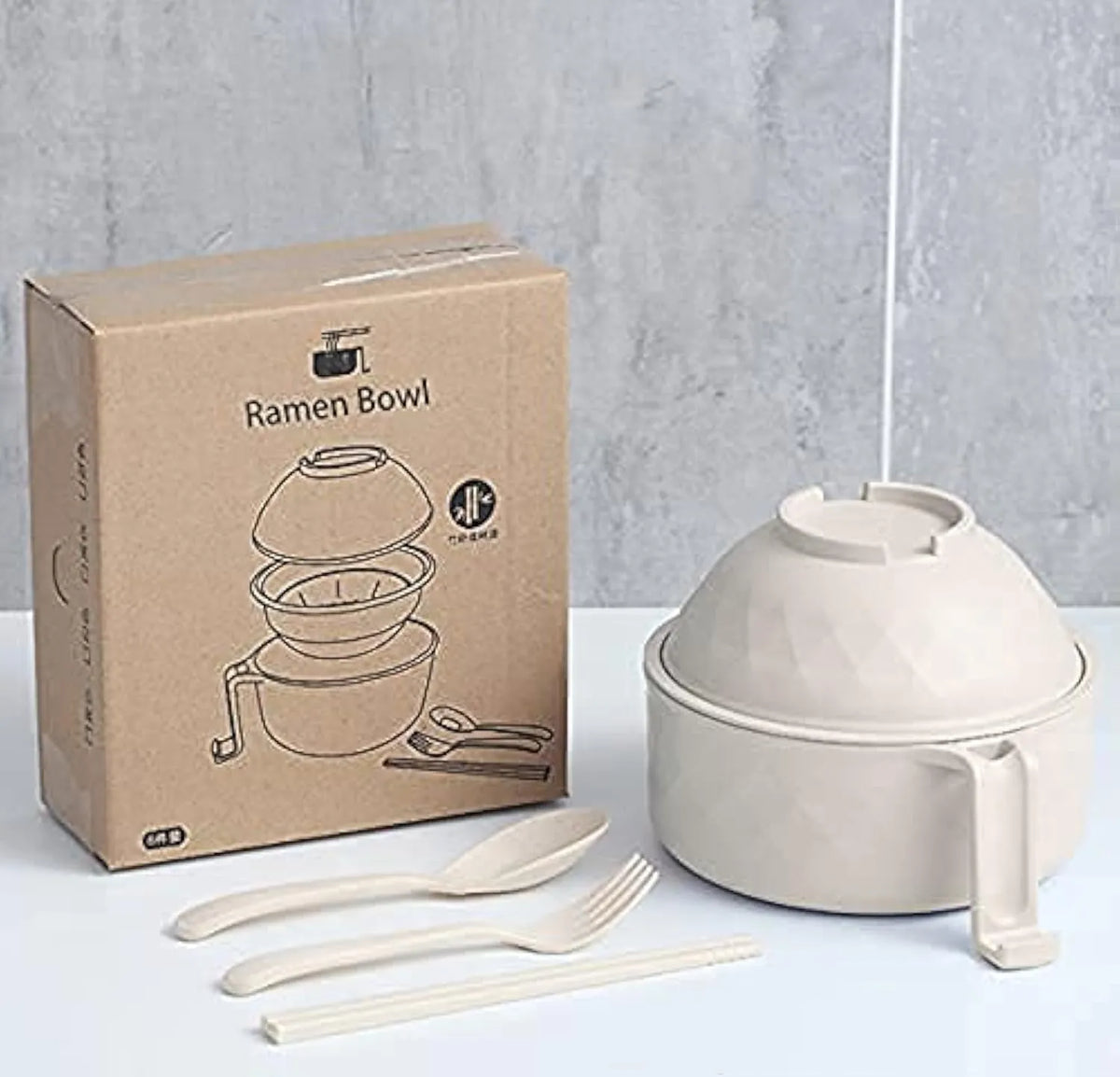 Title: Microwave Ramen Bowl Set – Wheat Straw Instant Noodle Bowl with Handles, Spoon, Chopsticks, Fork