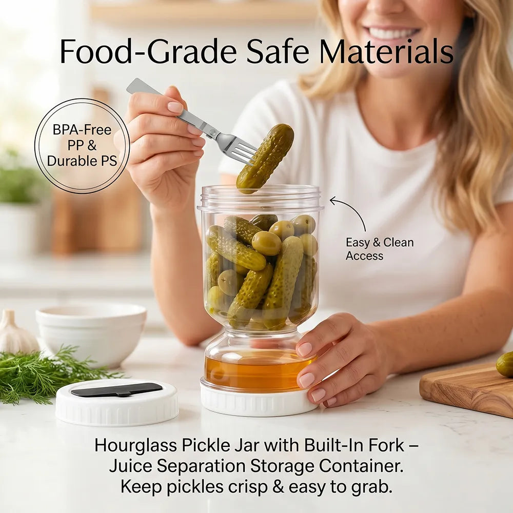 🥗Hourglass Pickle Jar with Built-In Fork – Juice Separation Storage Container