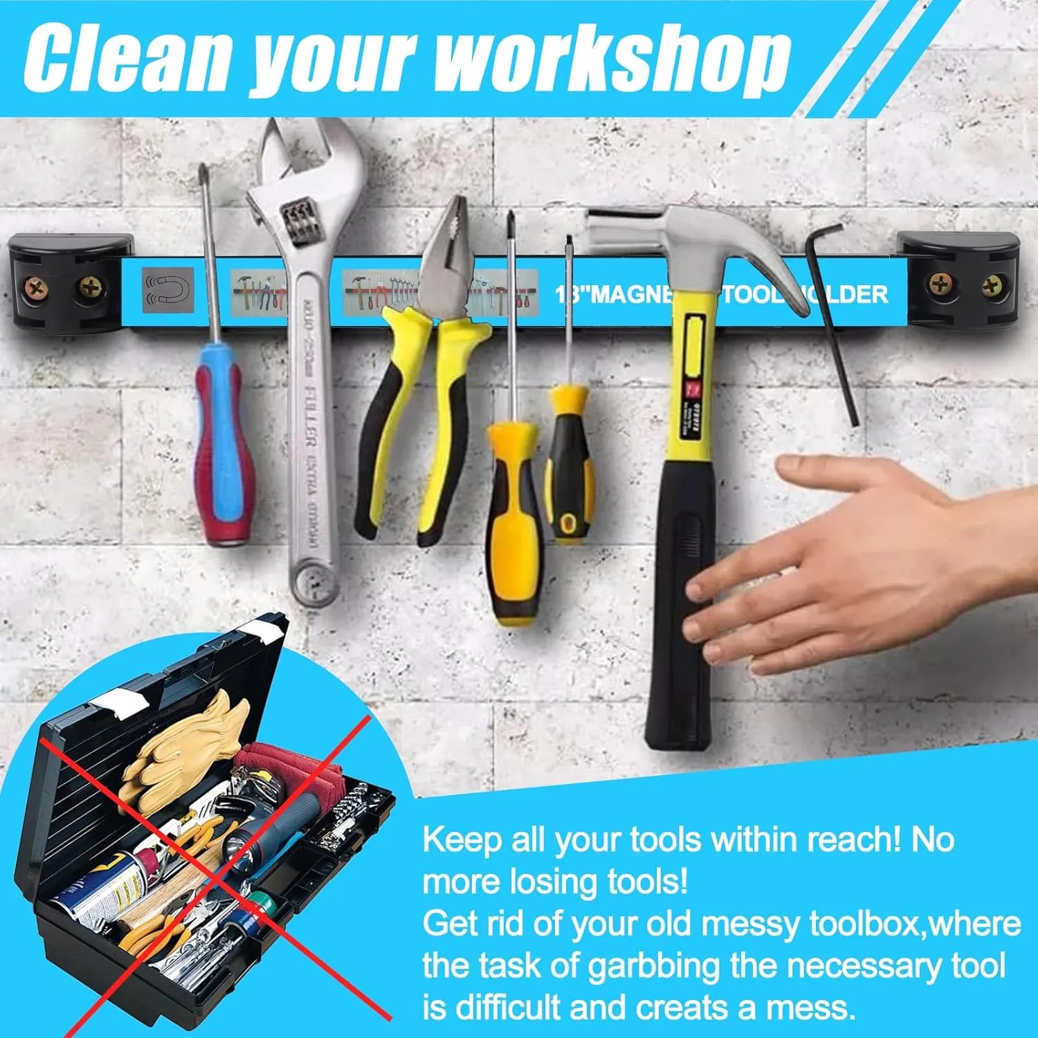 🔧 12" Magnetic Tool Holder – Heavy Duty Wall Mount Bars (Blue)