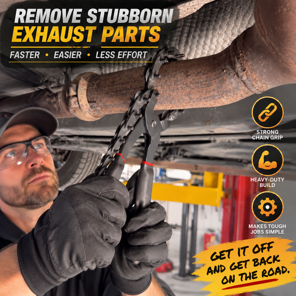 Mechanic cutting a rusty exhaust pipe with a chain-style cutter