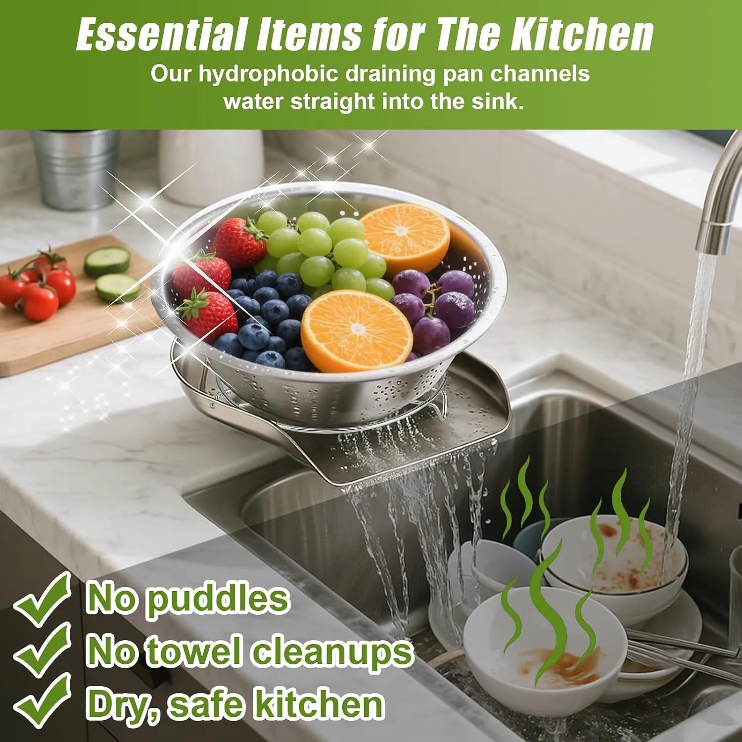 Stainless steel colander draining fruit toward the sink
