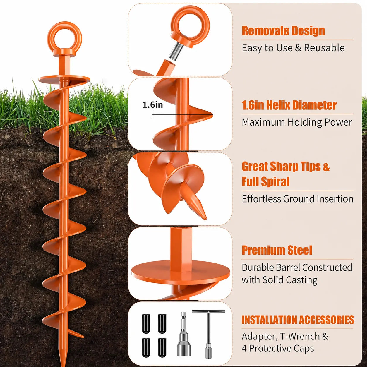 Heavy-Duty Full-Spiral Ground Anchor Screws — 4-Piece Set