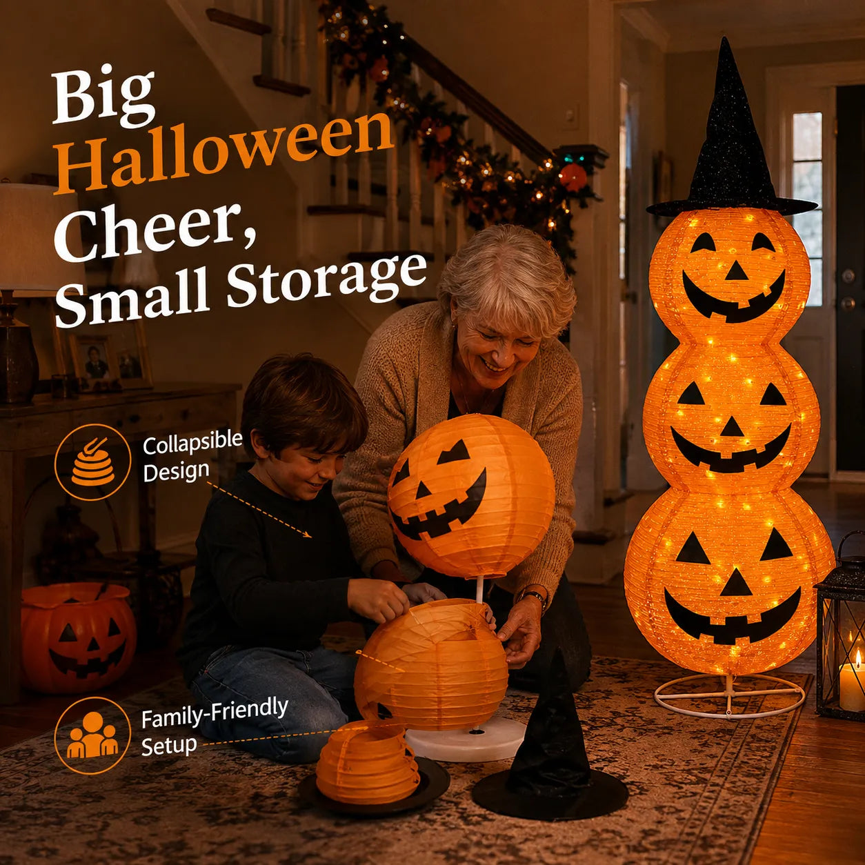 3-Tier Lighted Pumpkin Lantern Stack with Witch Hat