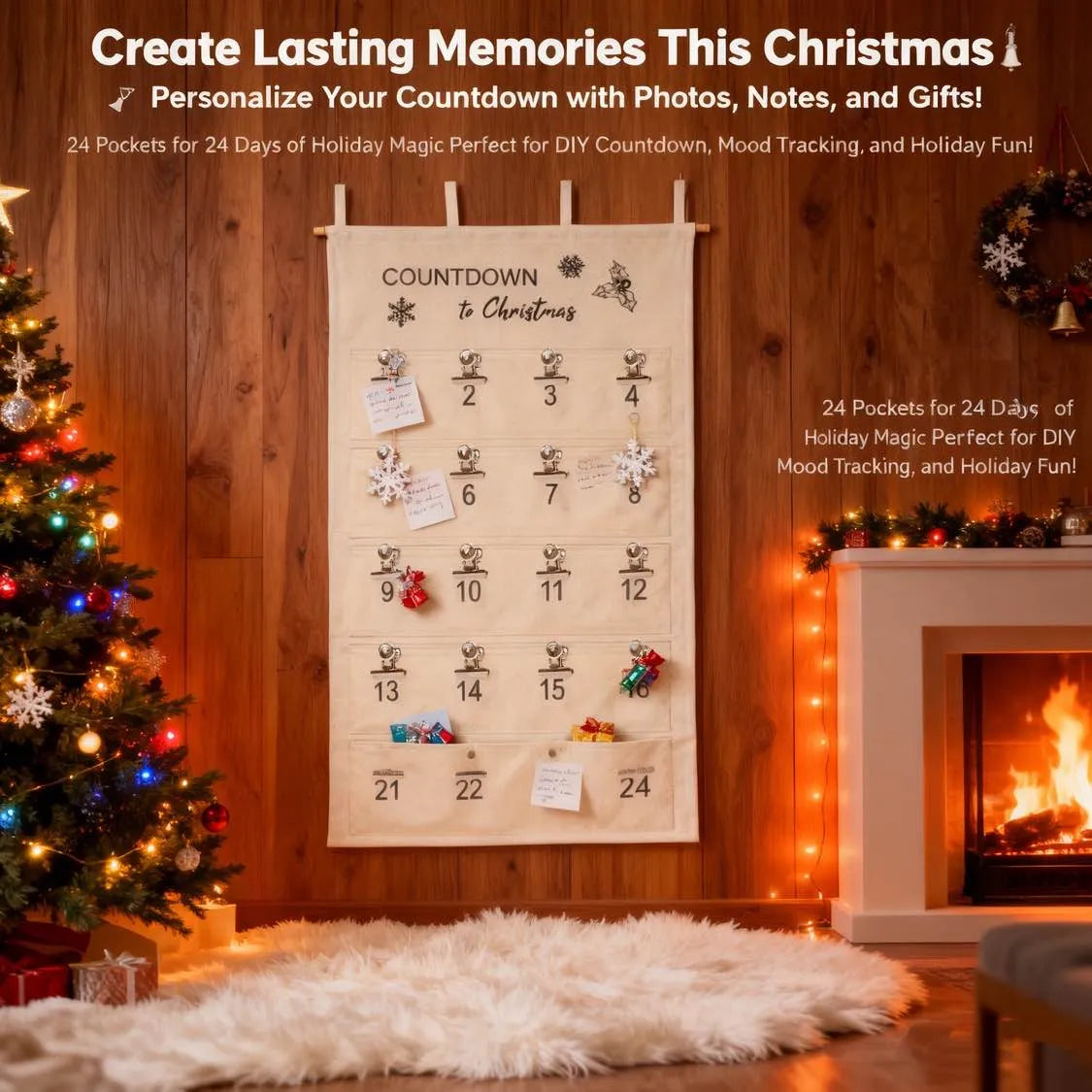 🎄 Christmas Advent Calendar with Clips – 24 Pockets Portable Hanging Bag