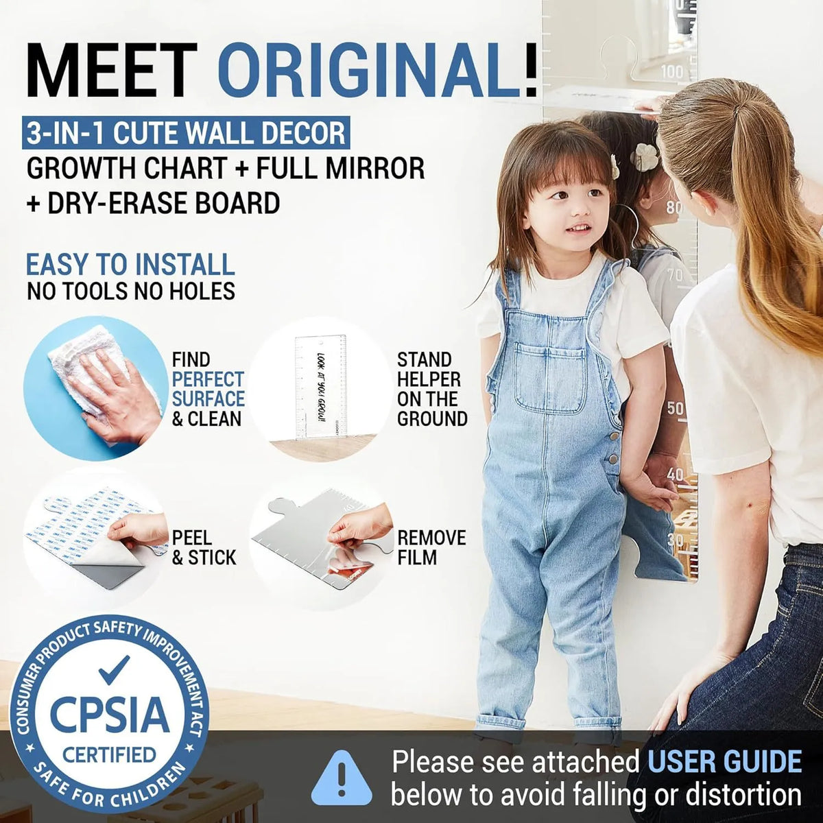 Wall-Mounted Height Measurement Chart with Mirror & Stickers – Track Your Child’s Growth in Style!