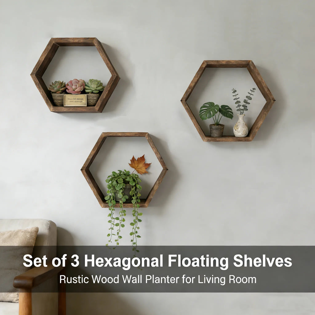 Set of 3 Hexagonal Floating Shelves – Rustic Honeycomb Wall-Mounted Storage Shelves-Perfect for Your Bedroom, Living Room, Hallway, or Office Decor