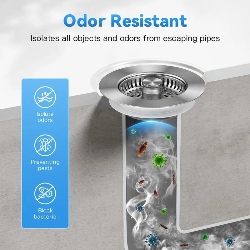 3-in-1 Kitchen Sink Drain Strainer,Stainless Steel Sink Plug, Deodorizing Anti-ClogBasket Strainer for US Standard 3-1/2 Inch Drains