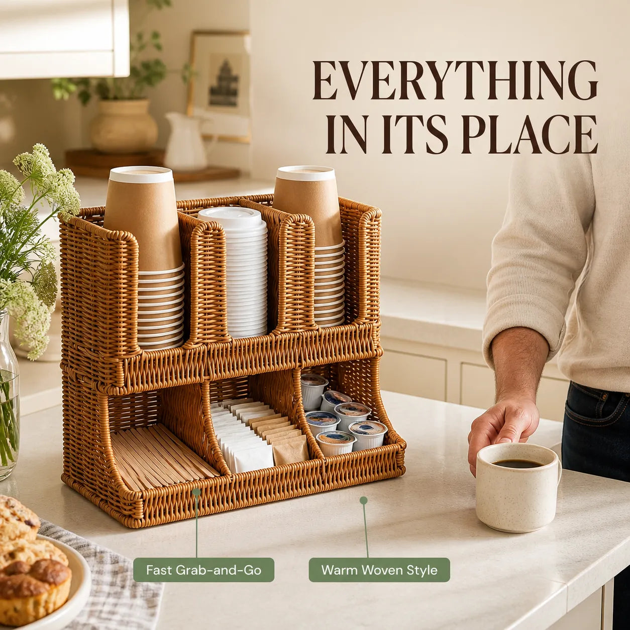 Handwoven Rattan Coffee Cup & Condiment Organizer