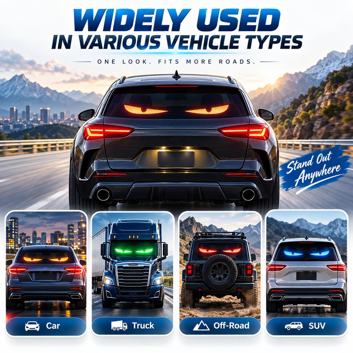 Flexible LED eye display for cars trucks SUVs and off-road vehicles