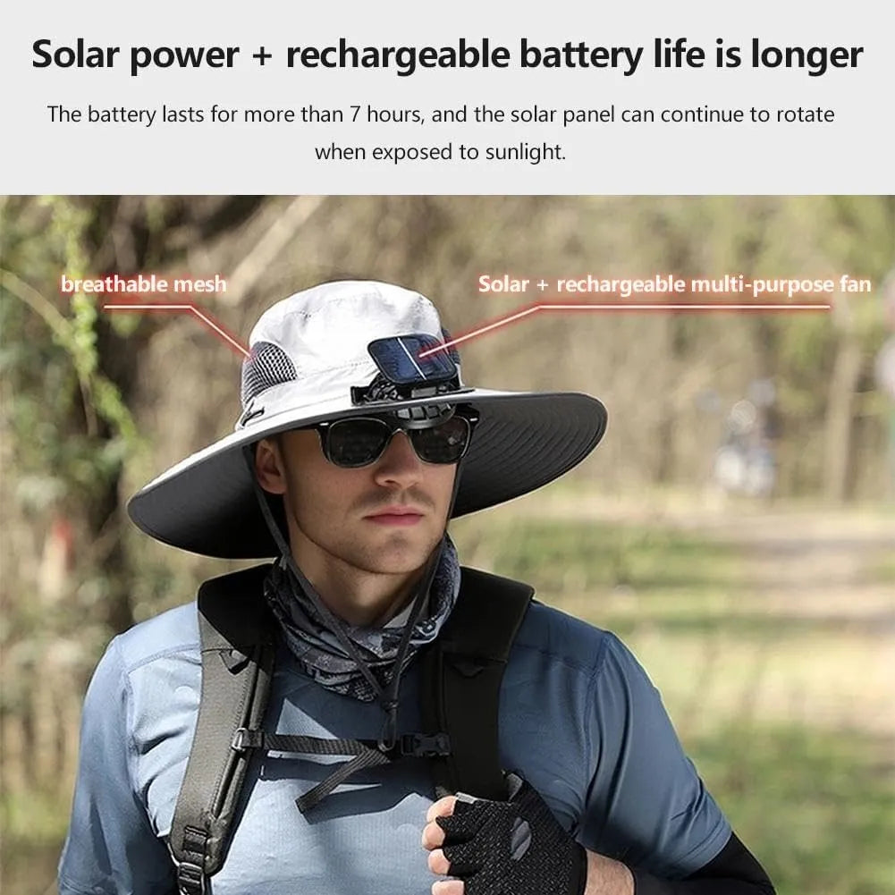 Wide Brim Sun Hat with Dual Solar-Powered Fans