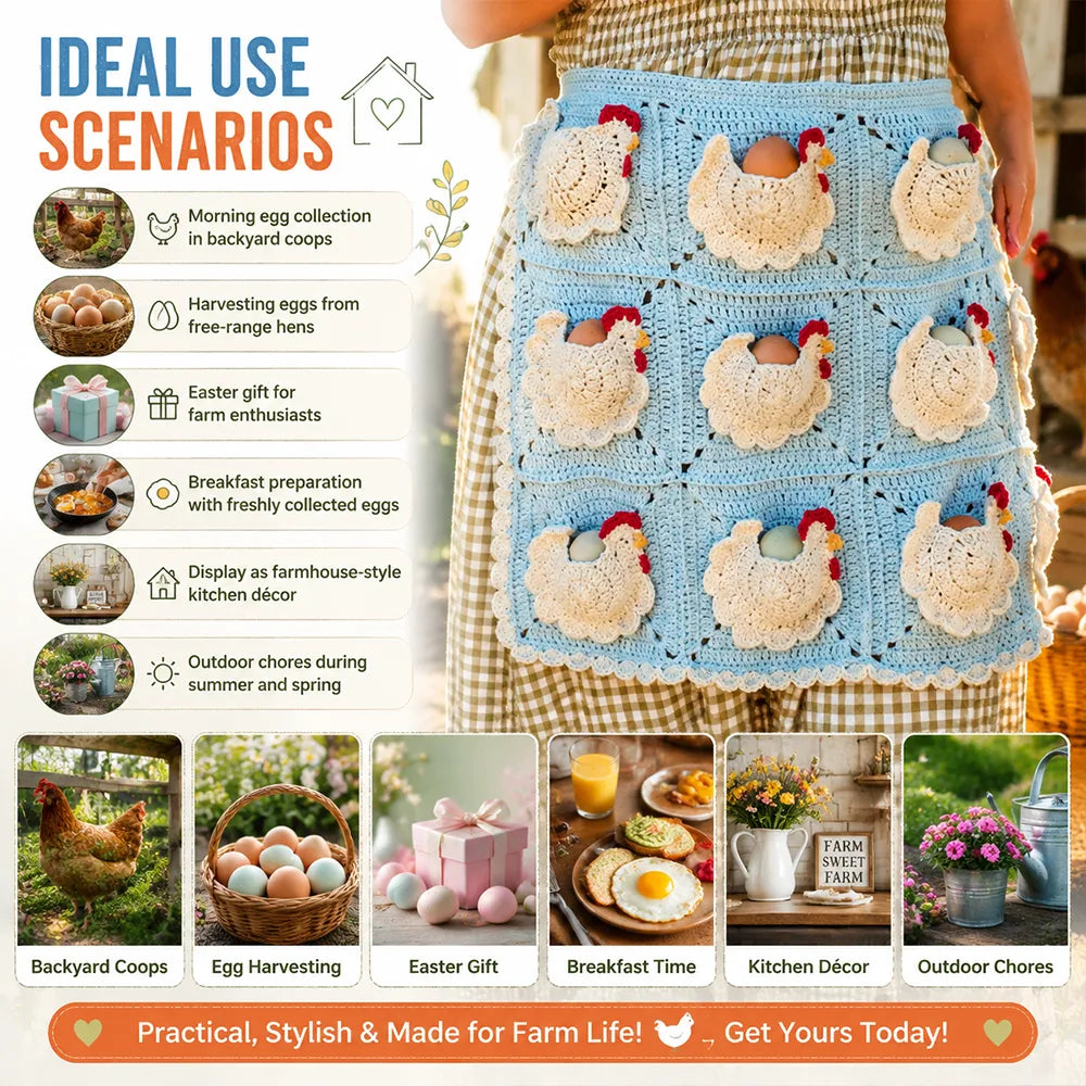 🐔 Crocheted Egg-Collecting Apron with Chicken Coop Pocket – Handmade Farm-Fresh Egg Helper