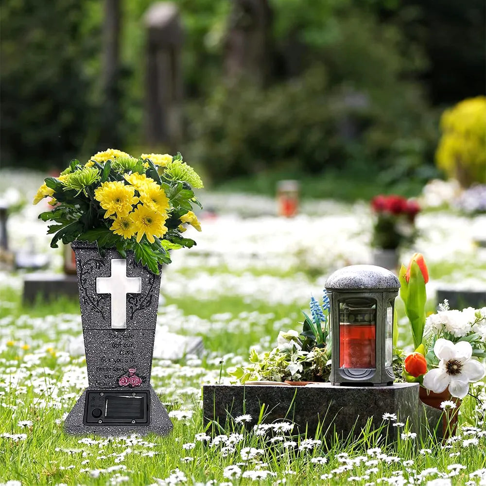 🕊️ Solar Cemetery Vase with LED Cross Light 🌿✨