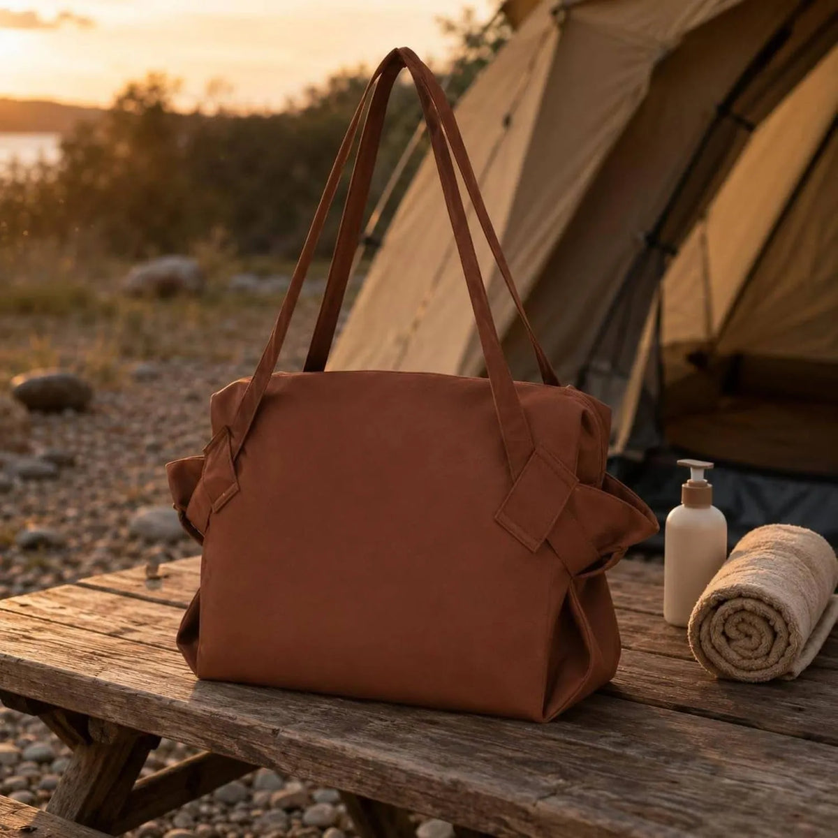 Brown storage tote at a campsite