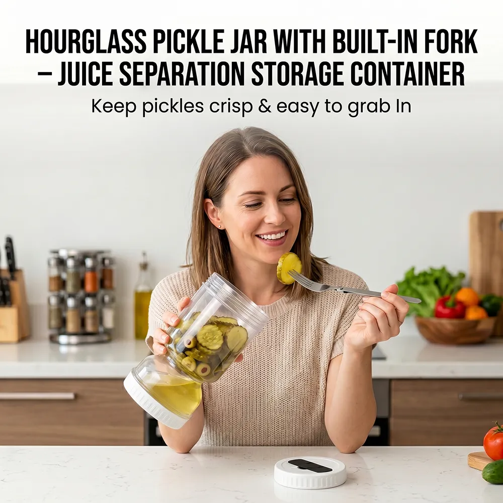 🥗Hourglass Pickle Jar with Built-In Fork – Juice Separation Storage Container