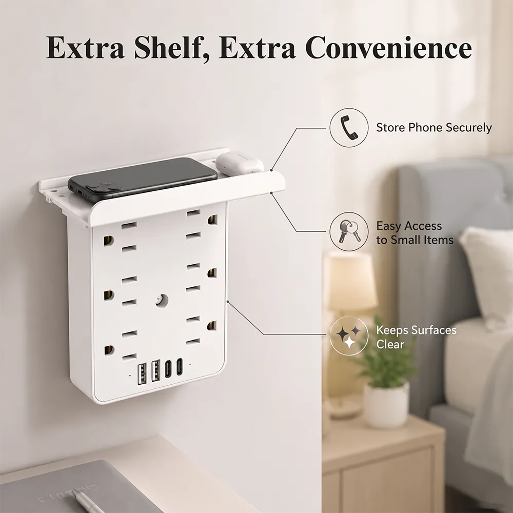 ⚡Multi-Functional Wall Outlet Extender with Shelf – 6 AC Outlets & 4 USB Charging Ports