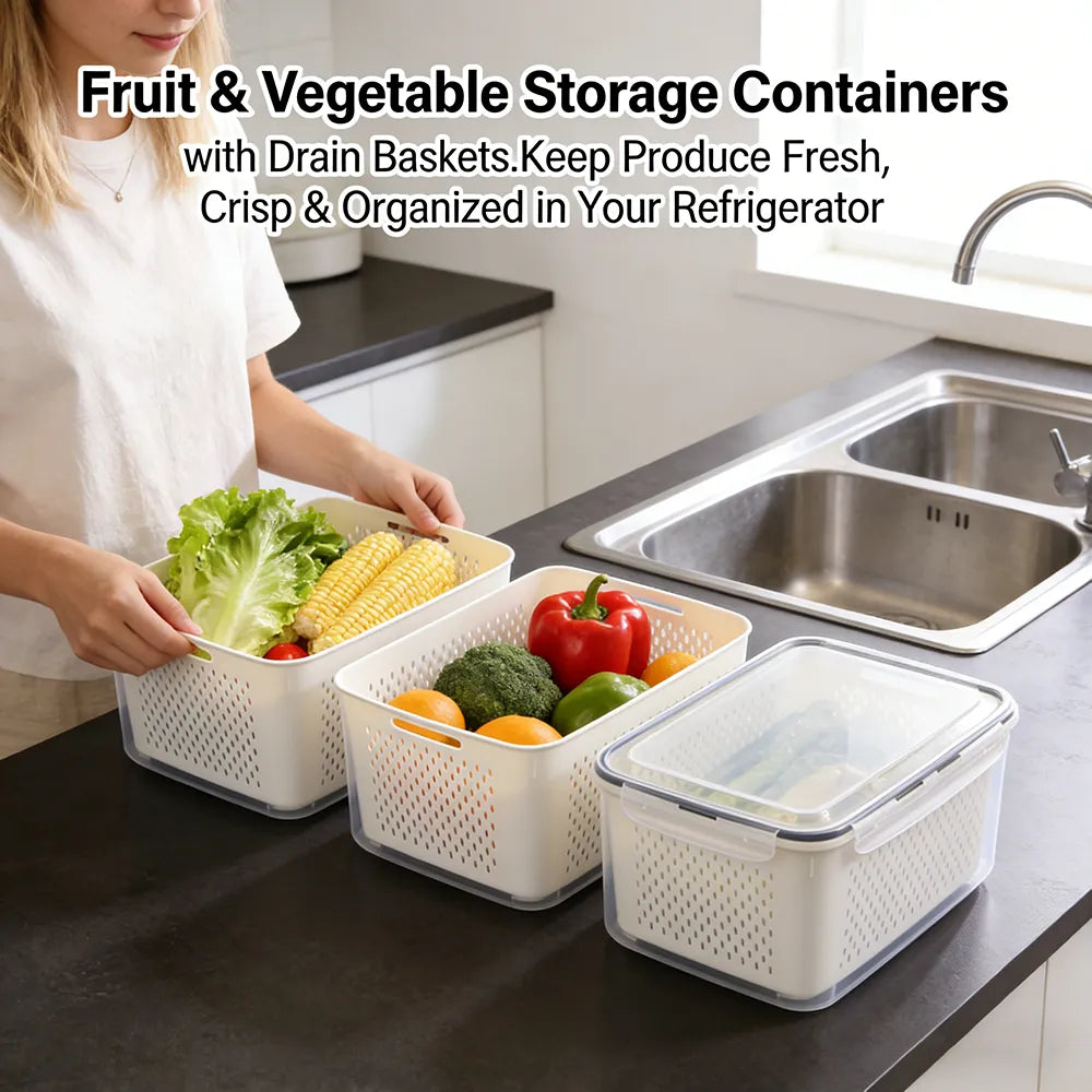 🥬 Fruit & Vegetable Storage Containers with Drain Baskets