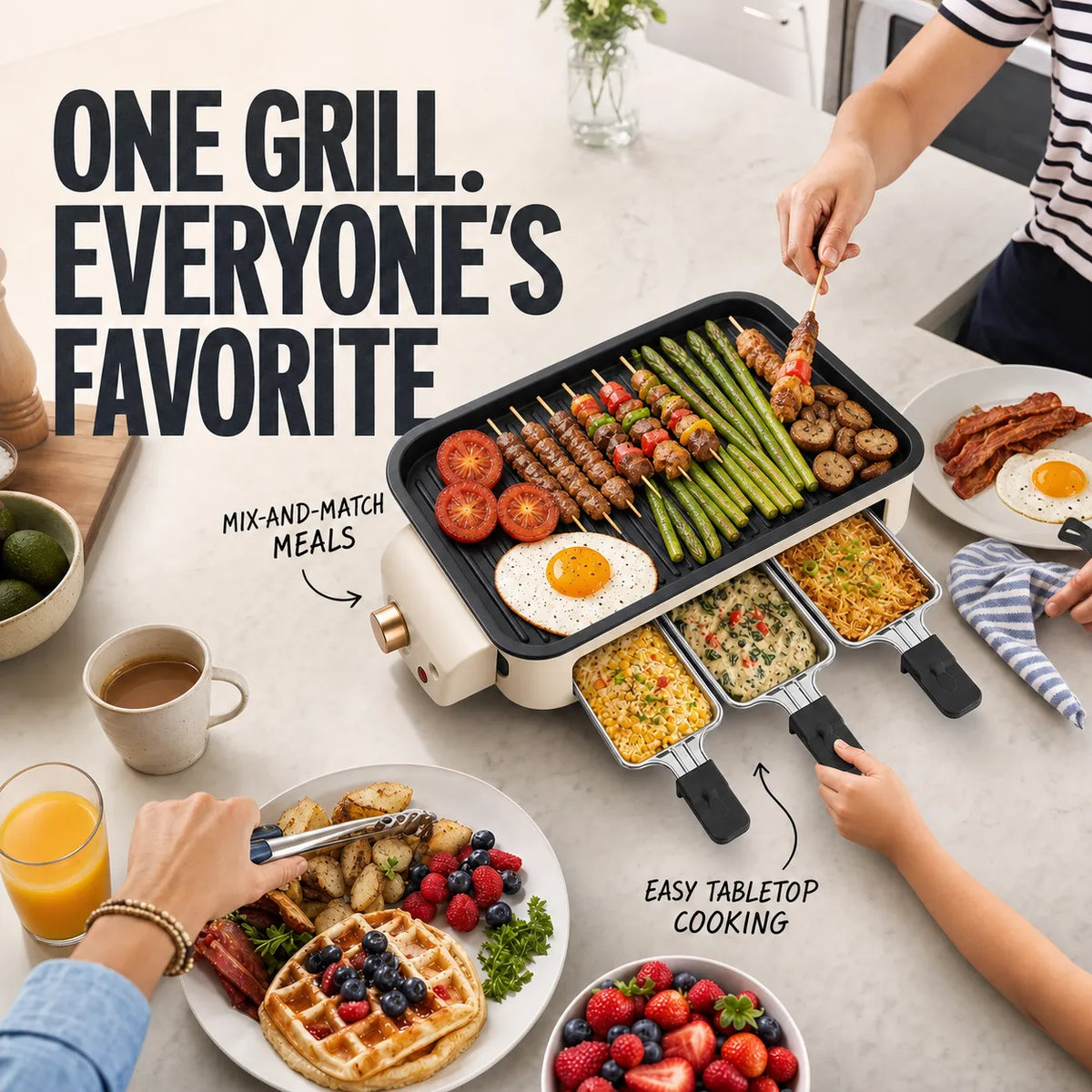 Double-Decker Indoor Electric Grill with 3 Personal Pans