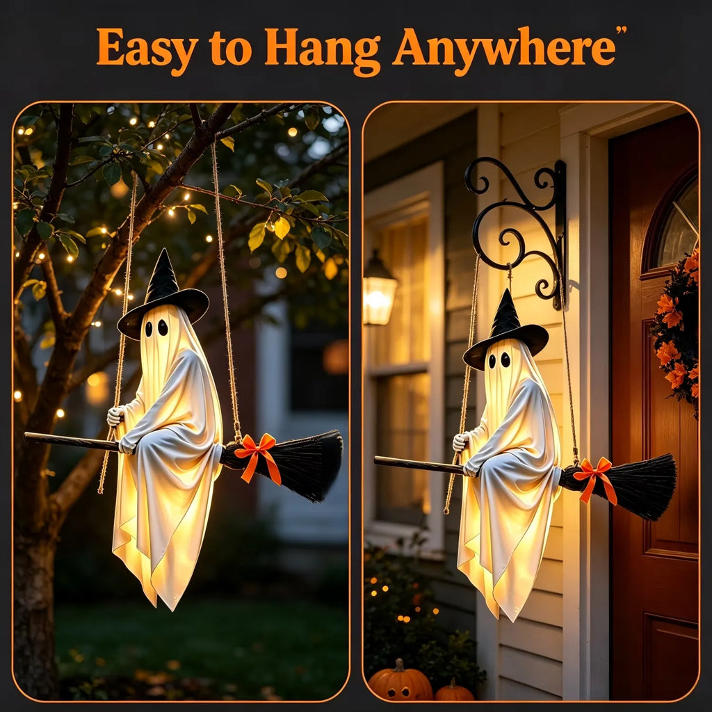 Light-Up Flying Broom Ghost Halloween Decoration