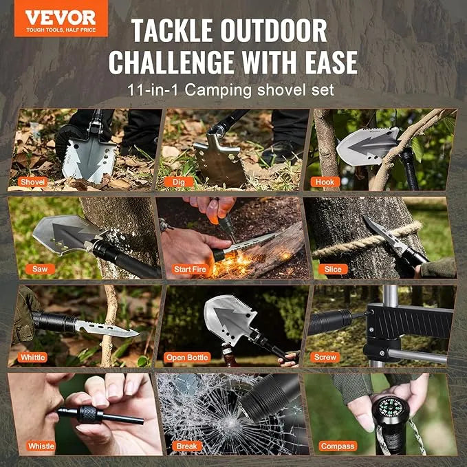 Ultimate All-in-One Folding Shovel Kit – Knife, Fire Starter, Compass & More for Outdoor Adventures