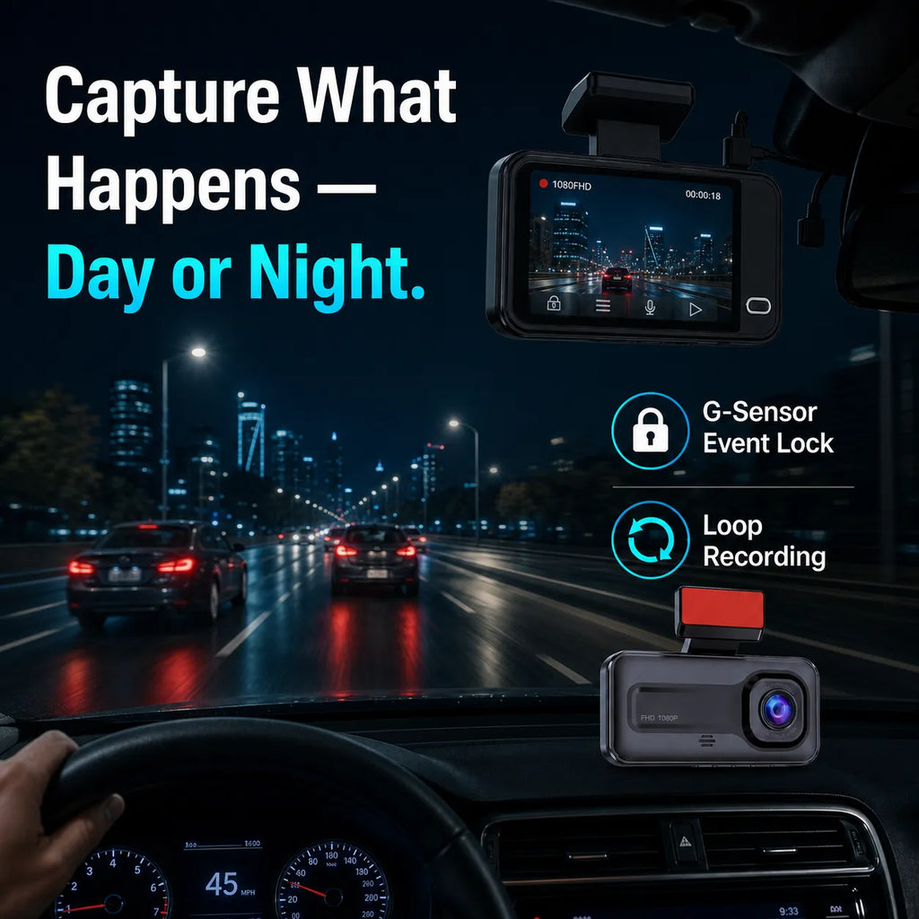 Three-Channel 1080P WiFi Dash Cam with Front, Cabin & Rear Recording