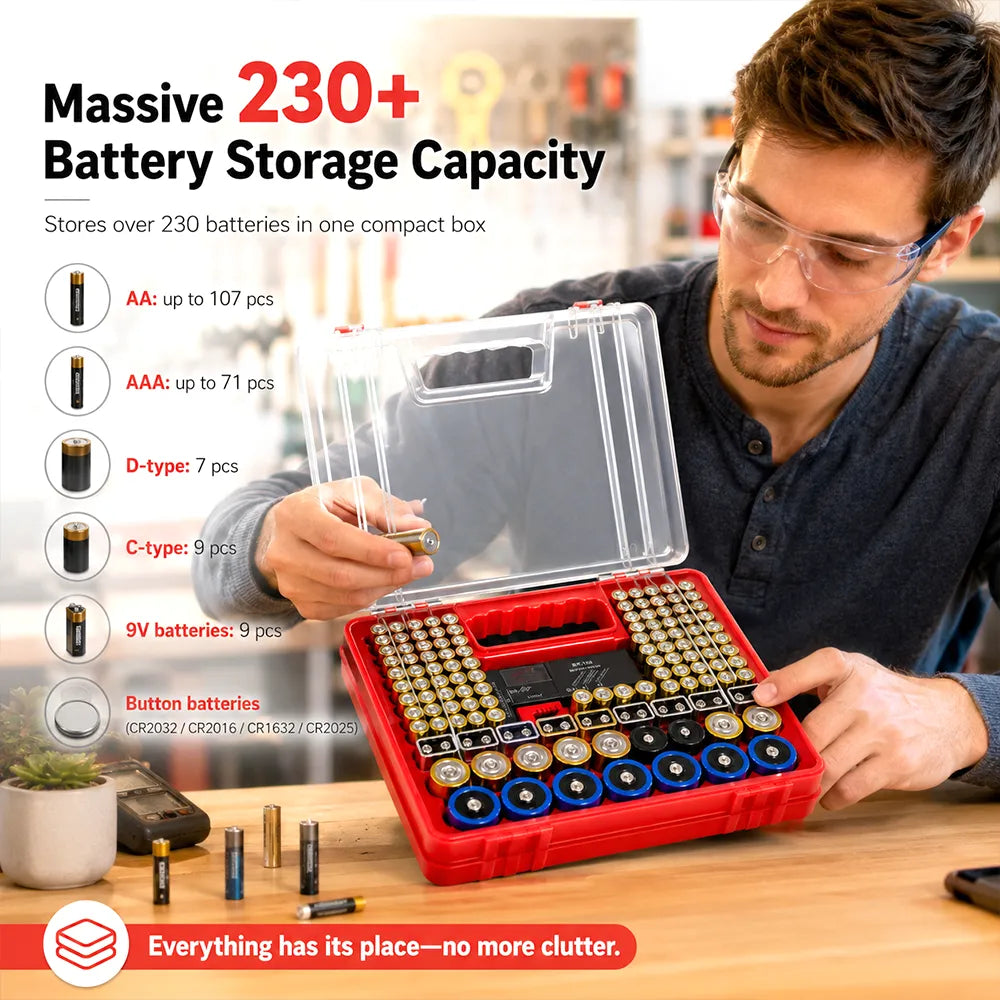 🔋 High-Capacity Battery Storage Box with Built-in Tester