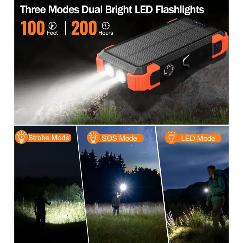 20000mAh Solar Power Bank with Wireless Charging, Dual Flashlights, Laser Pointer & 7-Device Output – Waterproof & Shockproof for Outdoor Use