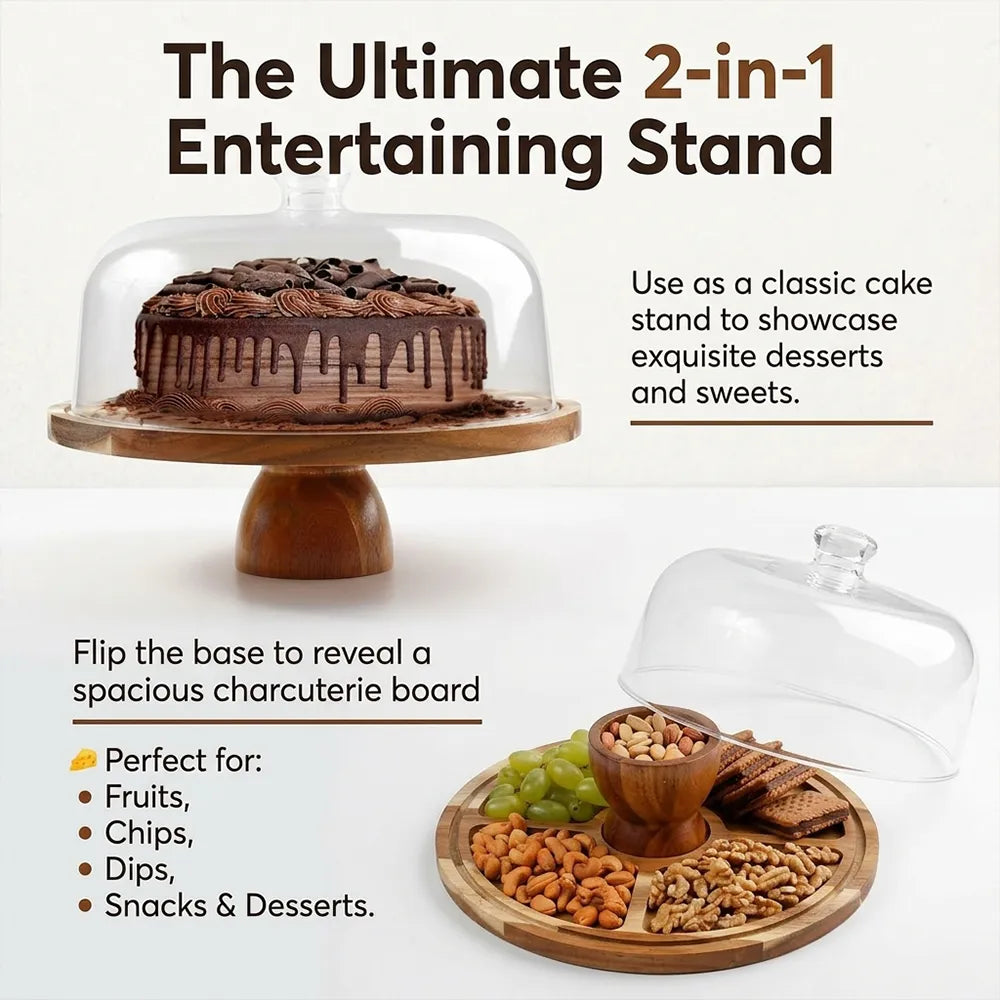 🍰 Acacia Wood Cake Stand with Dome Lid