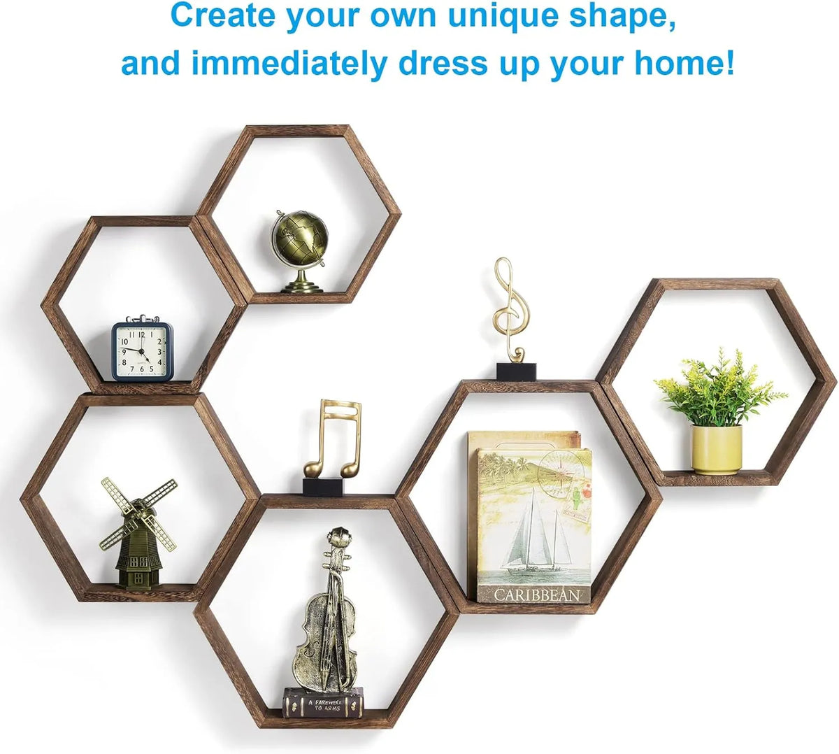 Set of 3 Hexagonal Floating Shelves – Rustic Honeycomb Wall-Mounted Storage Shelves-Perfect for Your Bedroom, Living Room, Hallway, or Office Decor